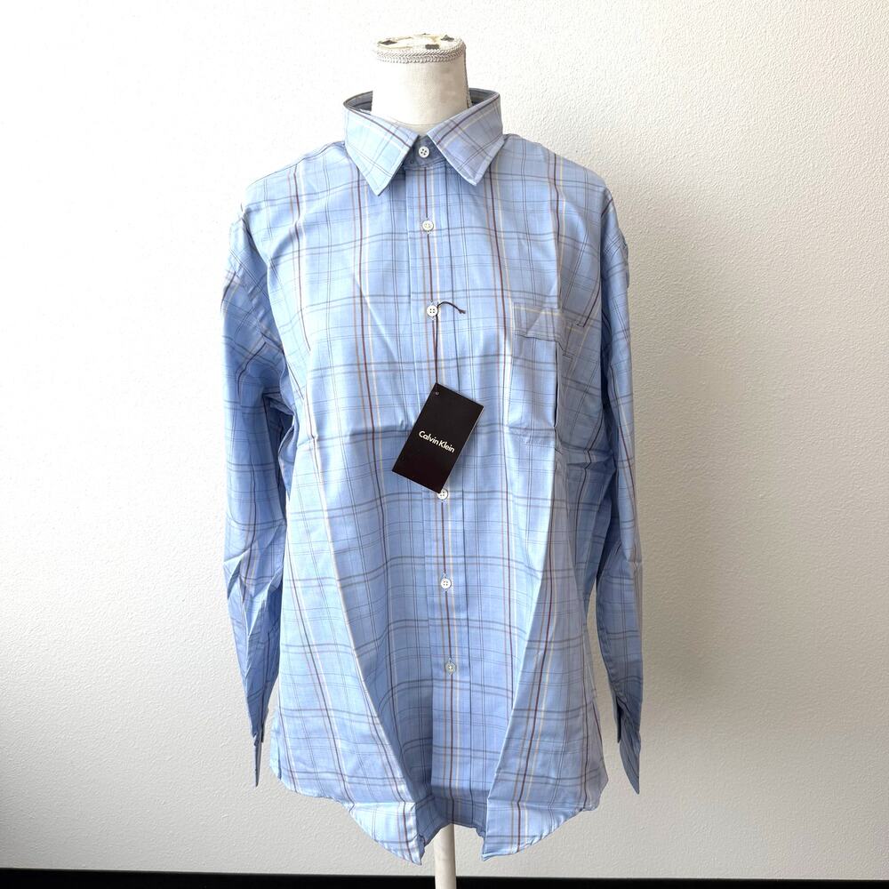Calvin Klein Men's Blue Plaid Button Up Collared Long Sleeve 17-17.5" Size XL